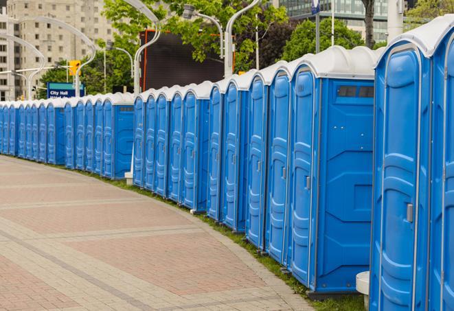 a line of portable restrooms at a sporting event, providing athletes and spectators with clean and accessible facilities in Hilliard, OH